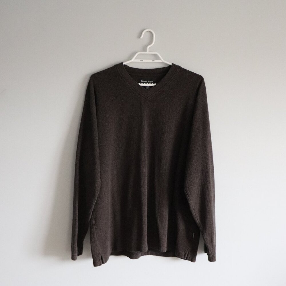 Vntg Denver Hayes Men's Sz L Brown Ribbed V-Neck‎ Pullover Cotton Sweater